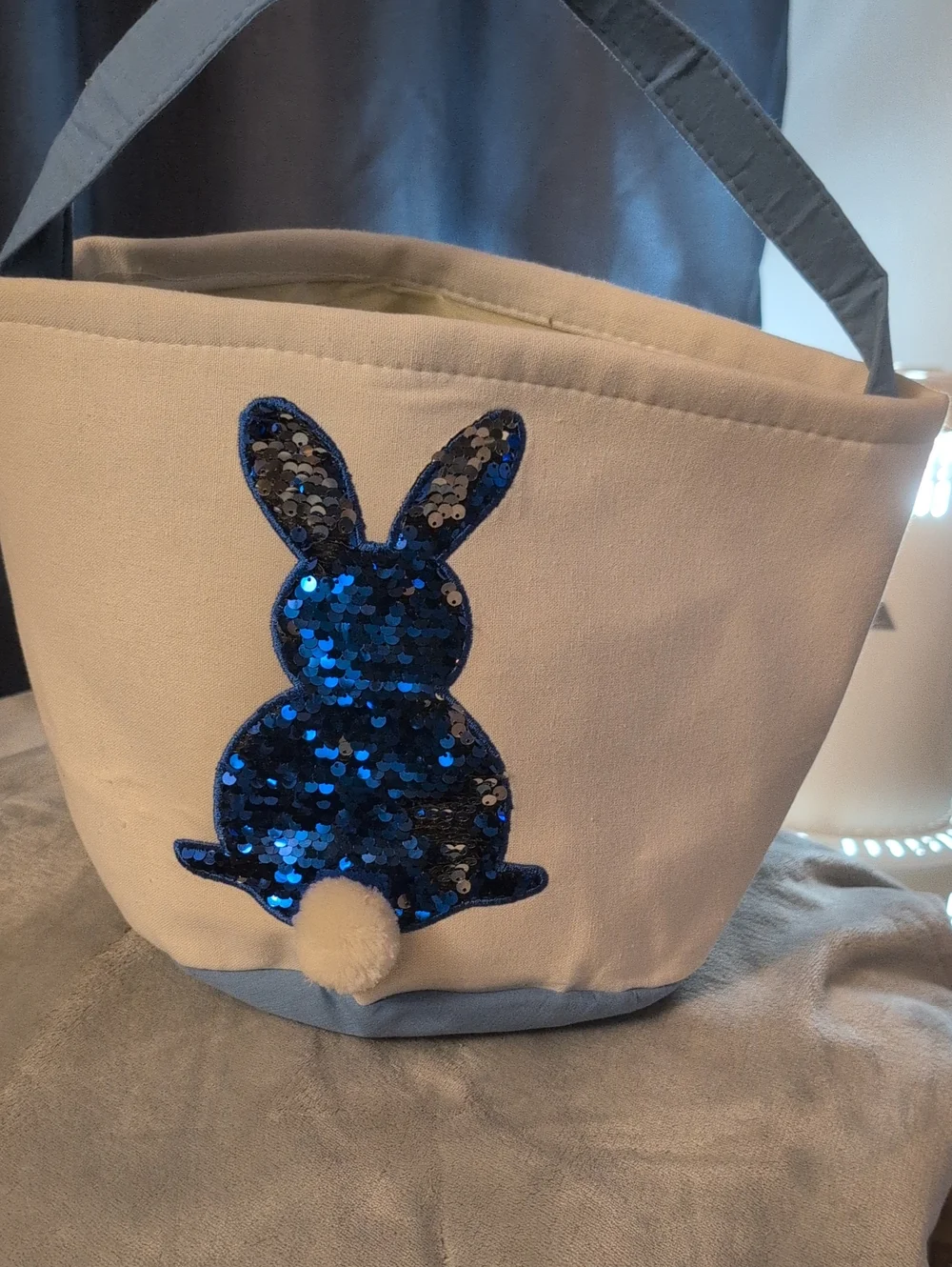 Kids Canvas Bunny Tote Bag with Blue Sequin Accent